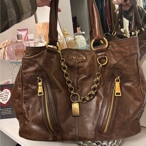 Prada Brown Leather Shoulder Bag with Gold Accents